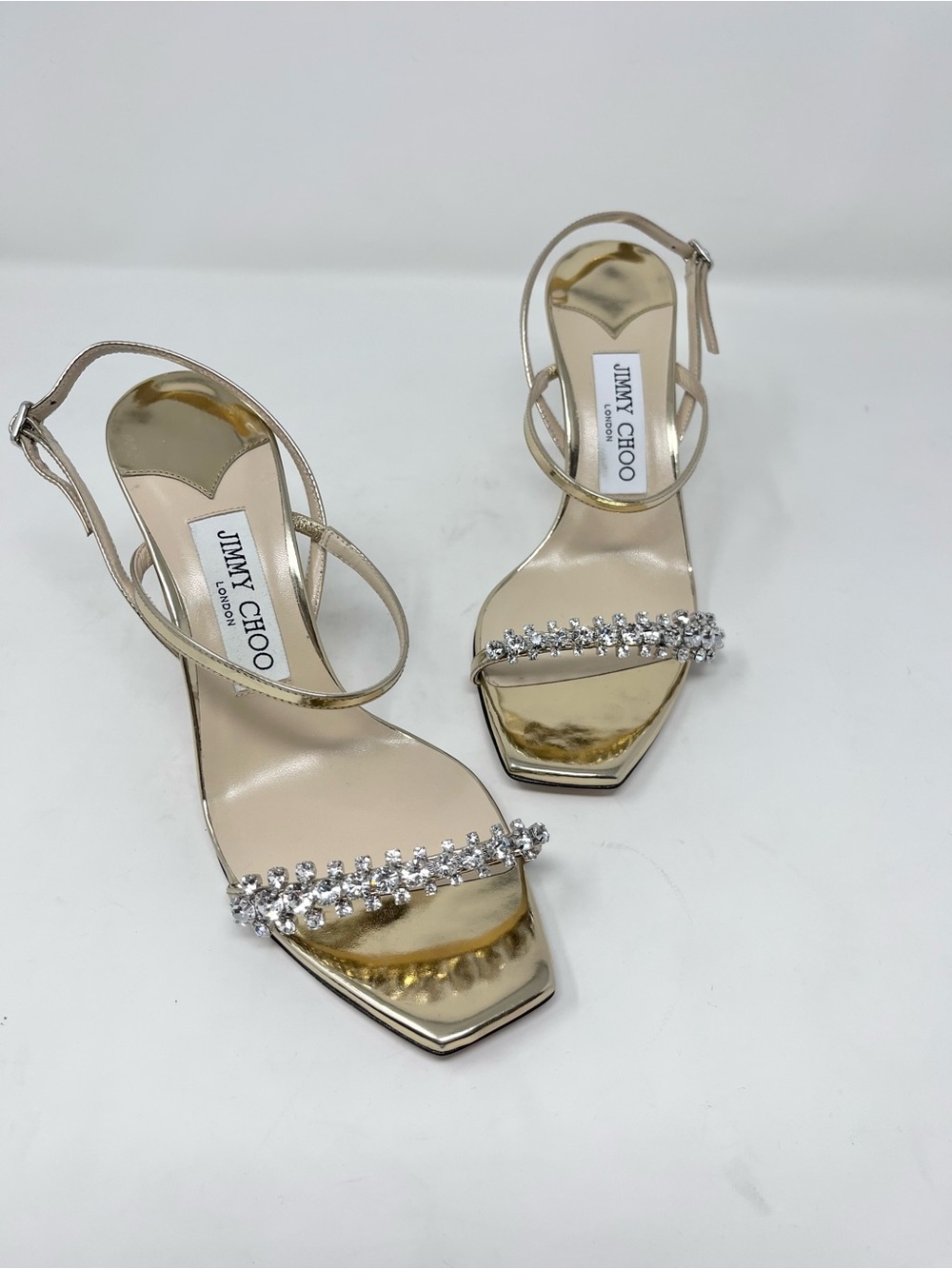 NEW Jimmy Choo Meira 85 Crystal Embellished Gold Leather Slingback Sandals 37.5